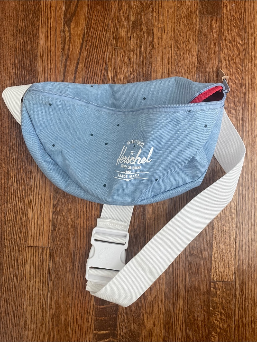 Herschel Light Blue Waist Pack with White Strap and Red Lining